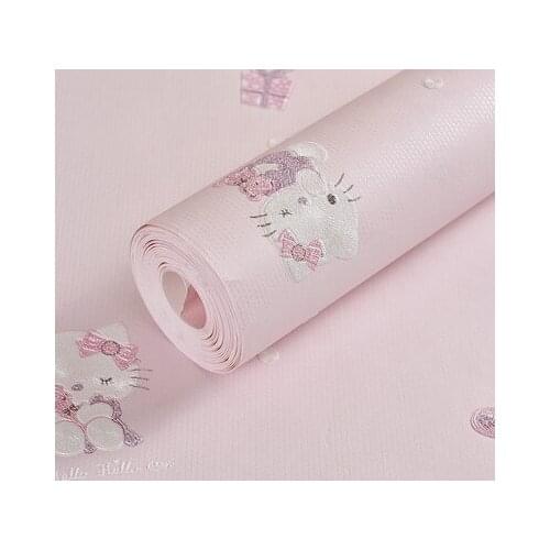 Cute 3D Pink Cartoon Cat Wallpaper Non-woven Childrens Room Girl Princess Room Warm Bedroom Wall Paper Roll