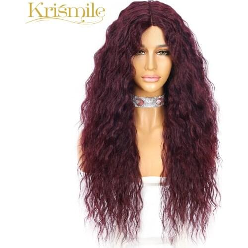 Krismile Synthetic Lace Wigs 39# Burgundy Kinky Curly Long T-Part Middle Parting High Temperature Hair for Women Daily Wear 26"