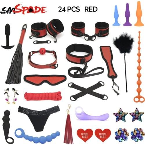 SMSPADE 24pcs Bdsm Sex Toys for Couples,Blindfold Handcuffs Nipple Clips Whip Spanking Silicone Anal PlugAdult Games Bondage Set