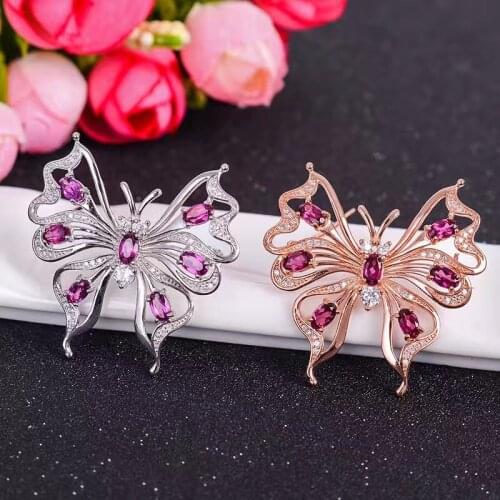Dual-use style, 925 silver natural garnet brooch, bow, gem quality, novel wearing