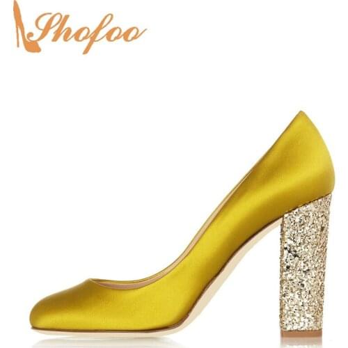 Shofoo Satin Yellow Basic Pumps Sequined Cloth Party Heels Lady Adult Slip on Round Toe Hige Square Fashion Shoes for Women 2021