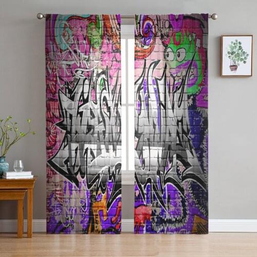 Graffiti Personality Letters Wall Tulle Sheer Window Curtains for Living Room Kitchen Children Bedroom Voile Hanging Curtain