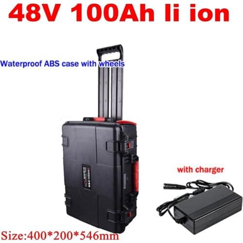 Waterproof lithium ion 48V 100AH li ion BMS Wheeled trolley case for 7000w 5000w Tricycle Cleaning car scooter + 10A charger