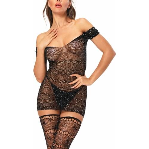 Womens Sheer Mesh Lingerie Chemise Short Sleeve Off Shoulder Backless Shiny Rhinestone See Through Mini Dress Nightwear