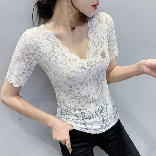 Women Lace Blouse Tshirt Summer Elegant Short Sleeve V-neck Lace Shirt Female See-through Tops
