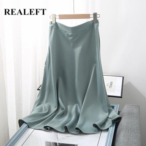 REALEFT 2021 New Summer Stain Womens Mi-Long Skirts Solid High Waist Female Minimalism Elegant A-Line Party Office Skirts Saias