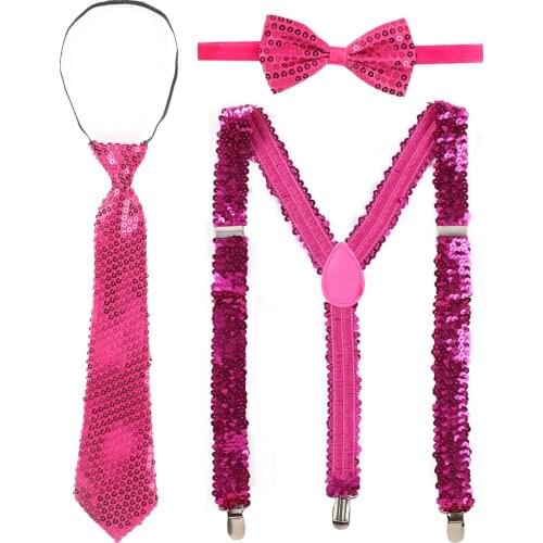 Womens Shiny Sequins Detachable Accessories Elastic Y Shape Braces Pants Suspenders Shoulder Straps with Necktie and Bow Tie