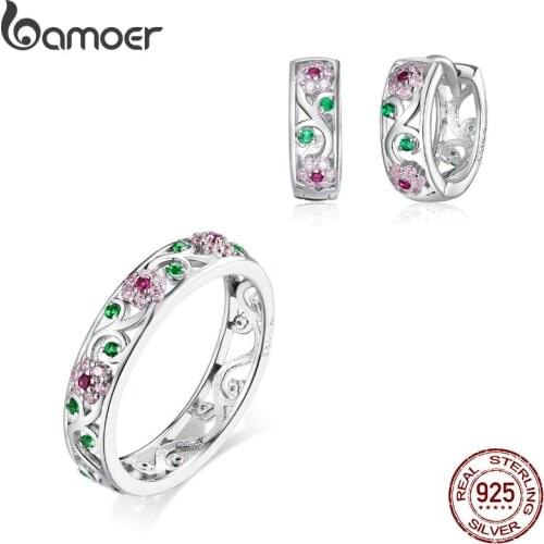 Bamoer 925 Sterling Silver Spring Flower Hop Earrings and Finger Rings for Women Jewelry Sets Fine Jewelry Accessories ZHS203