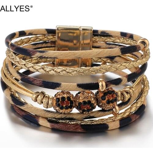 ALLYES Elegant Crystal Beads Leather Bracelets for Women Fashion Multilayer Leopard Wide Wrap Bracelet Female Jewelry
