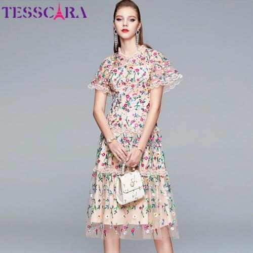 TESSCARA Women Luxury Embroidery Mesh Dress Festa High Quality Elegant Wedding Party Robe Femme Vintage Floral Designer Vestidos