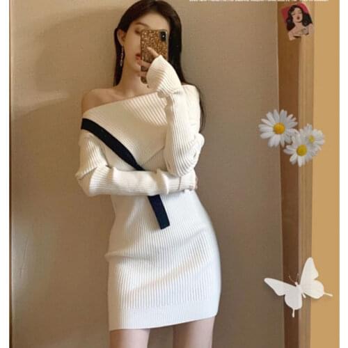 Woman Long Sleeve Spring Autumn Dresses Female Elegant Knitted Mini Party Dress Vestidos Ladies Temperament Solid Dress H720