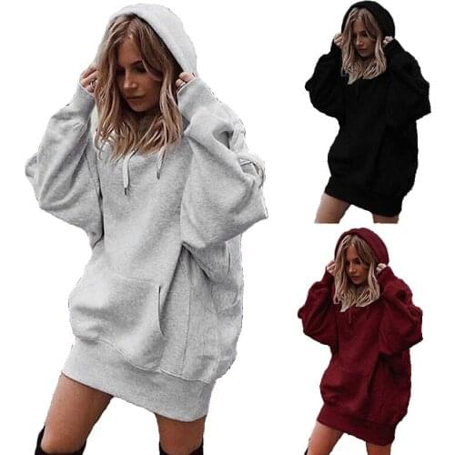 Winter Women Long Sleeve Loose Oversized Hoodies Coat Casual Long Hoodie Simple Solid Color Hooded Pocket Pullover Sweatshirts