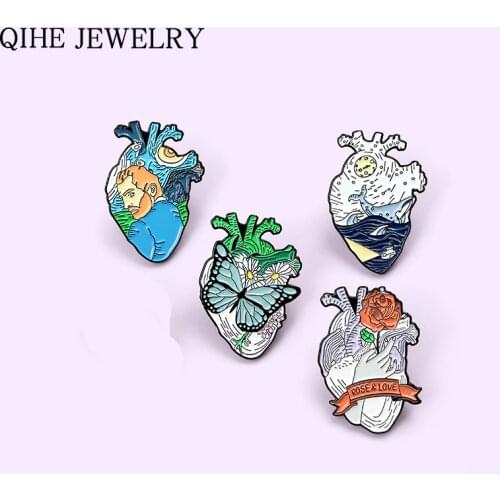 Anatomical Human Heart Pins Oil Painting Ocean World Butterfly Rose Love Art Heart Enamel Lapel Pin Medical Jewelry Organ Badge