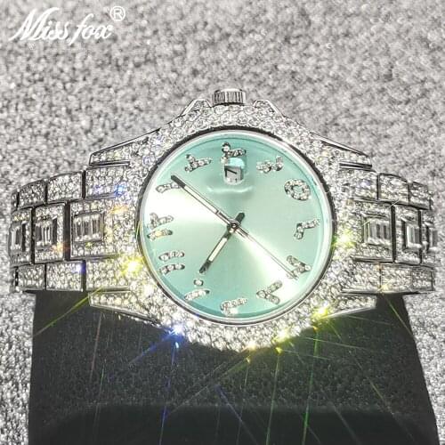 MISSFOX Iced Out Blue New Watches For Men Silver Fashion Mans Watch Numerals Dial Dropshipping Jewelry Clocks Relogio Masculino