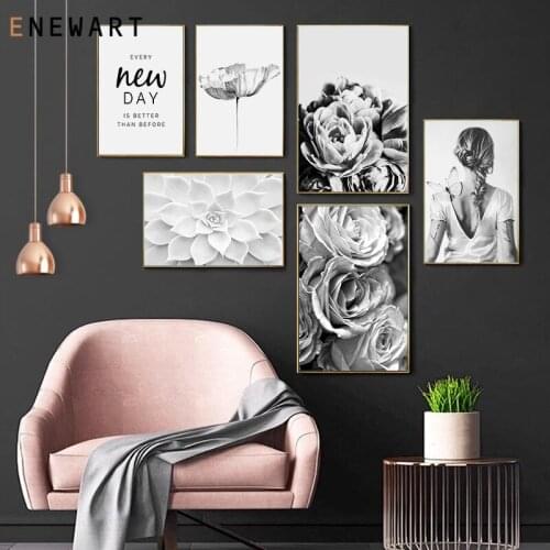 Black White Flower Ladys Back Poster Canvas Art Painting Rose Floral Print Wall Picture Modern Girl Room Decorative Picture