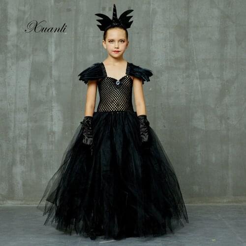 Kids Dresses for Girls Birthday party Cosplay Witch Dress with Deluxe Horns Headband and Wings Girl Clothes Christmas dress