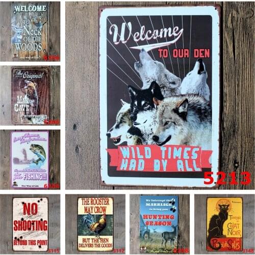 Welcome To Our Den Wild Times Had By All Vintage Metal Poster Animal Signs Bear Cat Fish Deer for Bar Wall Decoration Kids Gift