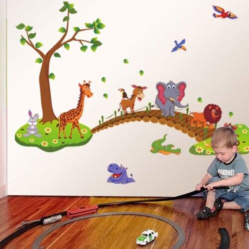 Living Room Home Decor 3D Cartoon Jungle Wild Animal Tree Bridge Lion Giraffe Elephant Birds Flowers Wall Stickers for Kids Room