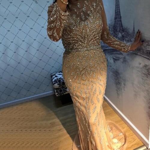 Dubai Luxury Mermaid Sparkly Formal Prom Dresses 2020 Handmade Sequined Long Sleeves Evening Gowns