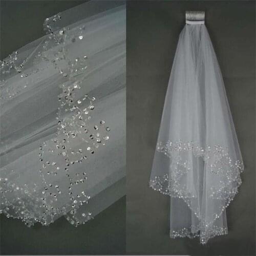 Latest Shoulder Length Wedding Veil Custom Made Two Layers Sequined White Ivory Bridal Veils Cheap