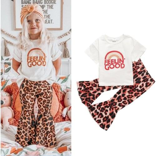 FOCUSNORM 1-6Y Summer Lovely Kids Girls Clothes Sets Letter Short Sleeve T Shirts Leopard Flare Pants 2pcs