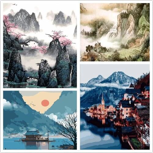 Painting By Number Mountain Drawing On Canvas DIY Frame Coloring By Numbers For Adults Landscape Kits Wall Art