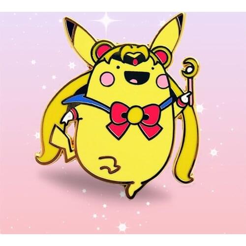 Kawaii Pika Cosplay Sailor Moons Hard Enamel Pin Funny Cartoons Yellow Elves Medal Brooch Anime Fans Collectible Badge Jewelry