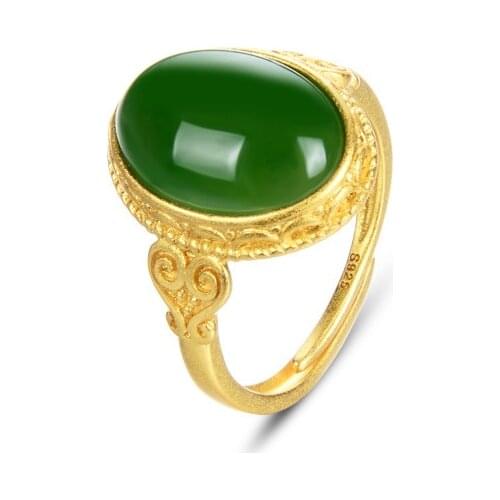 Mothers Day Gift S925 Silver National Tide Ancient Method Gold Color Jasper Ring Opening Adjustable Ring