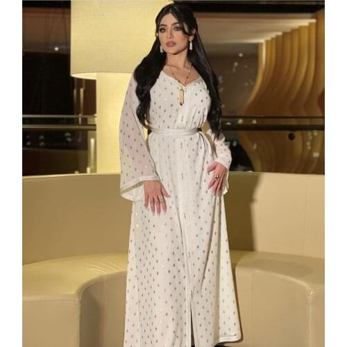 Two Pieces Belt Dress Set For Women Muslim Ramadan Eid Jalabiya White Dot Bronzing Dubai Arabic Kaftan Maxi Dresses Clothing