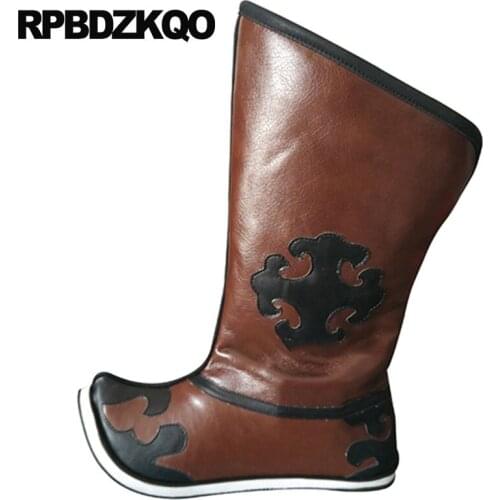 Fashion riding plus size slip on boots real leather mid calf pointed toe full grain designer shoes men high quality flat brown