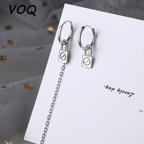 VOQ 925 Sterling Silver Punk Hip Hop Long Lock Tassel Asymmetrical Earrings Fashion Ladies Jewelry Accessories