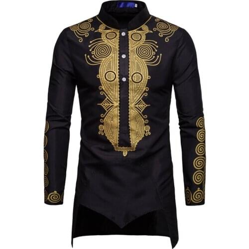 Totem Printed Mens Dress Shirt Long Summer Style Black Man Shirts Middle East Bronzing Slim Fit Plus Size XXXL Male Shirts A449