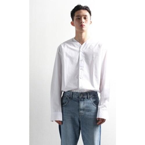 Mens 2021 spring long sleeve shirt retro fashion casual collarless temperament monochrome easy to match
