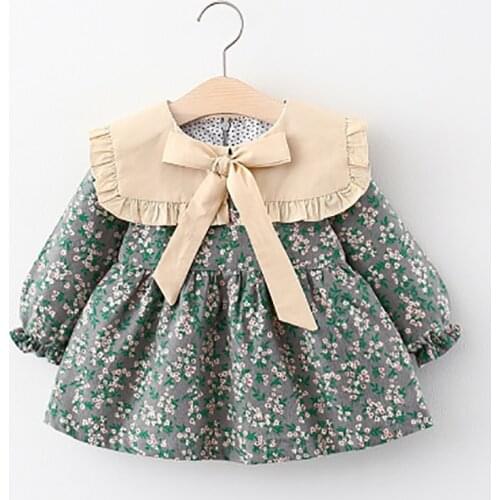 New Baby Clothes 2020 Baby Girl Dress Autumn Winter Long Sleeve Floral Printed Doll Collar Ruffled Bowknot Princess Dress 1-4Y