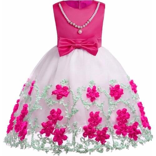 2018 New Girls Dress Embroidered Gauze Princess Children Clothes Striped Formal Wedding Party Bow Tie Blue Pink Red Dresses