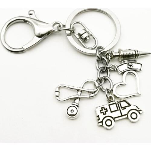 Creative New Doctor Nurse Souvenir Keychain Syringe Antique Silver Plated Caduceus Medical Symbol Md Pendant Keyring Charm Bag