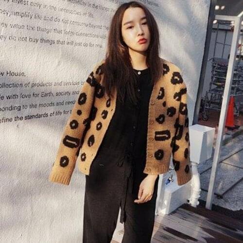 Autumn Winter Leopard Print LadiesTops Fashion Knitted Long Sleeve V-Neck Loose Size Casual Cardigan 2020 New Women Sweater