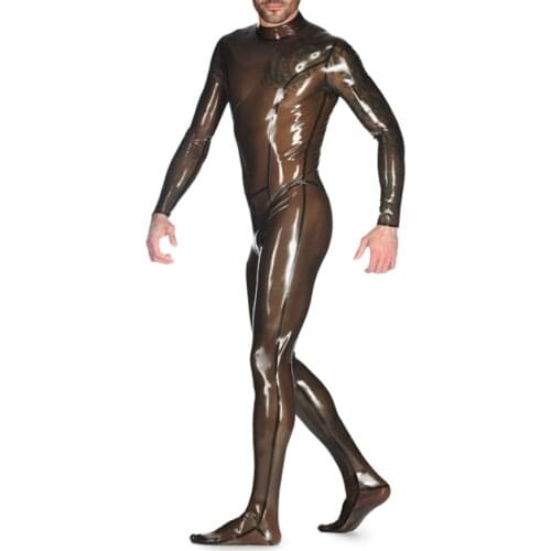 Transparent Black Back Zip Male Latex Catsuit Rubber Fetish Bodysuit with Socks Plus Size Custom Made S-LCM127