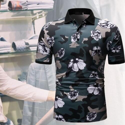 Polo Shirt Mens Casual T-Shirt Flower Print Elasticity Polyester Men Printed Turndown Collar Shirt for Dating High Quantity