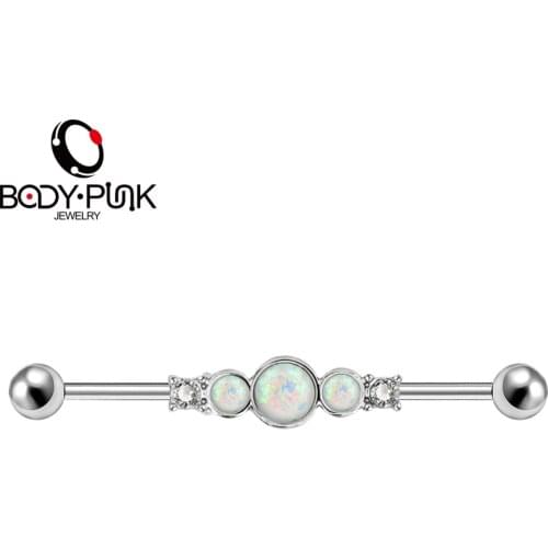Body Punk New White Opal Industrial Piercing Barbell Clear CZ Cartilage Earring Long Straight Screw Helix Ear Body Jewelry Women