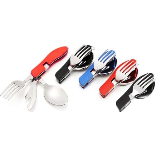 3 in 1 Folding Spoon Fork Knife Portable Stainless Steel Multi-Function Camping Utensils Cutlery Set for Travel Hiking