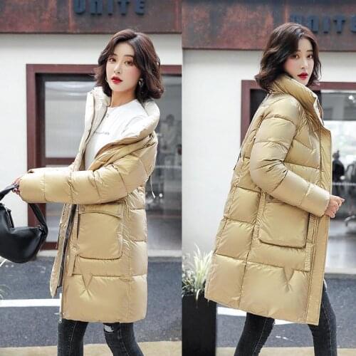 Medium And Long Bright Face Down Cotton Padded Clothes Womens Clothes 2021 New Korean Loose Wash Free Color Contrast Fashion La