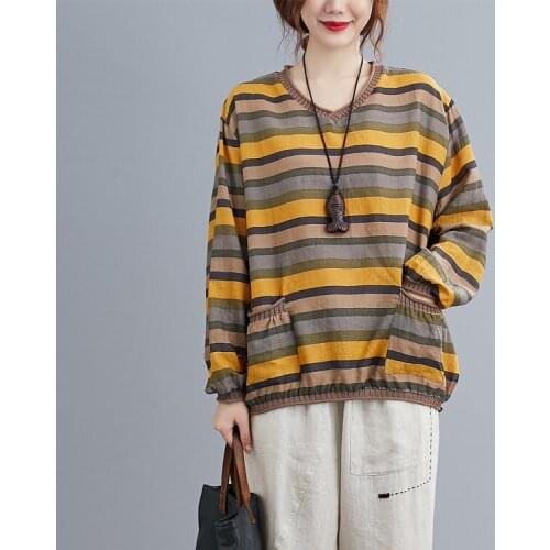 All-Match Striped T Shirt Long Sleeves Autumn Cotton and Linen Tops Loose V-Neck Tee Shirt Femme Women Pockets Casual Clothes