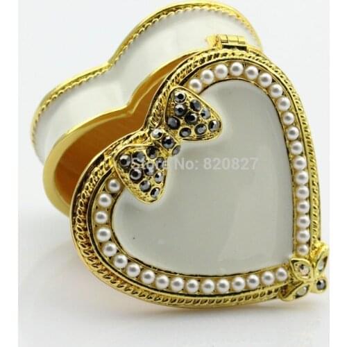 Vintagge small heart shaped box, NEW metal heart ring box with white pearls decor