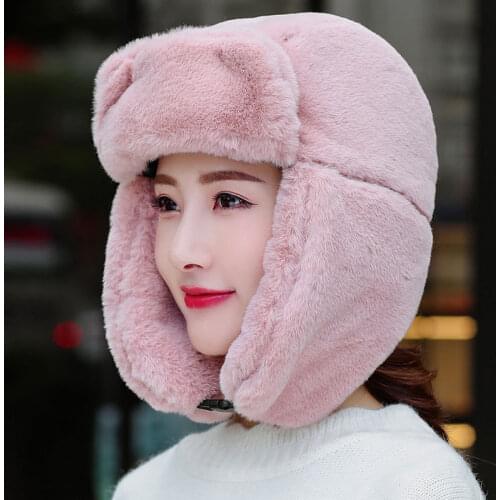 Womens Fur Bomber Hats for Women Winter Hats Girls Cap with Cotton Snow Cap Soft Wool Fur Earflaps Russian Hats Keep Warm