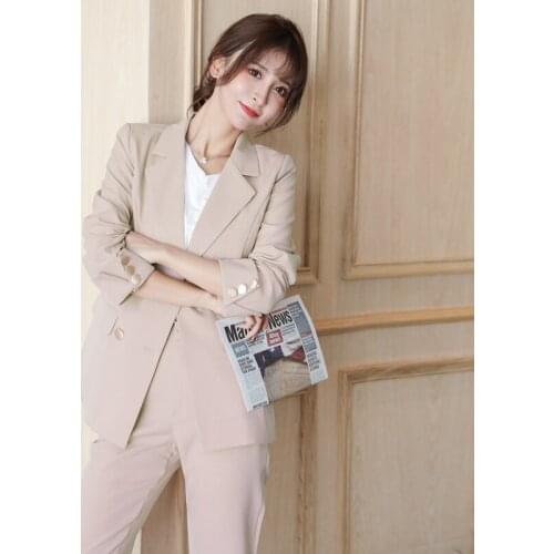 Autumn 2021 British Style Women Suits Office Sets Double Breasted Notched Straight Blue Pink Buttons Blazer 2 Piece Suits