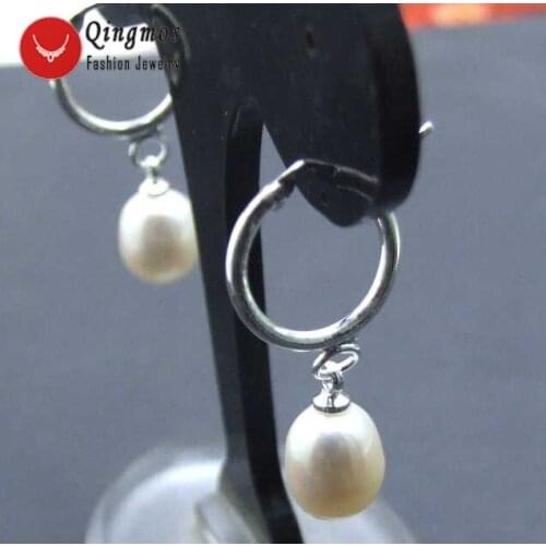 Qingmos Natural Pearl Earring for Women with 7*9mm Drop White Pearl Dangle Loop Shape Earrings Jewelry Ear308 Free Shipping