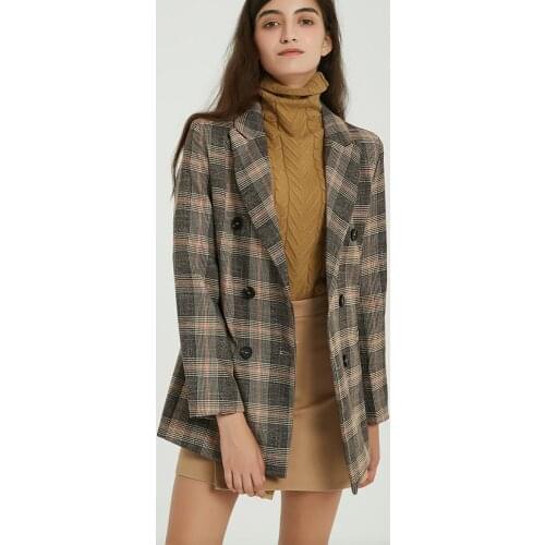 Wixra Women Classic Plaid Blazer Autumn Spring Double Breasted Office Lady Long Sleeve Vintage Coat Ladies Outerwears