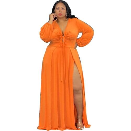 Long Maxi Hollow Out Dress Plus Size Women Elegant V Neck Long Sleeve Sexy Split Robe Femme Dresses Clothing XL~5XL Big Size