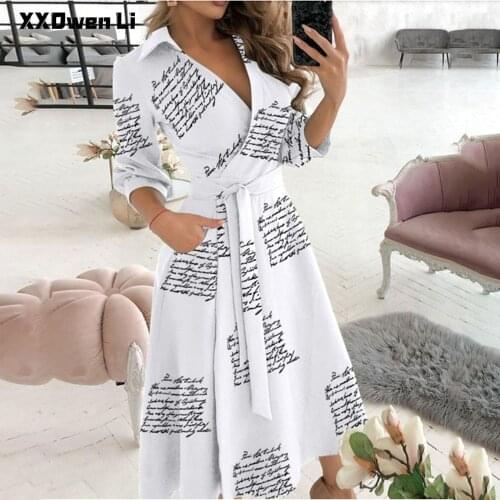 Women Casual letter Print Belt Turn Collar Maxi Dresses Spring Autumn Sexy Half Sleeve Pocket Female Boho Beach Elegant Dress